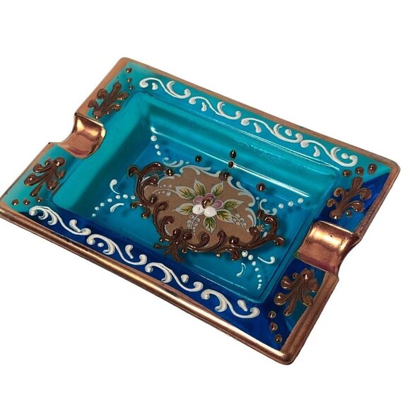Italian Glass Ashtray Ornate Blue Gold Floral Made in Italy Vintage - Picture 2 of 11